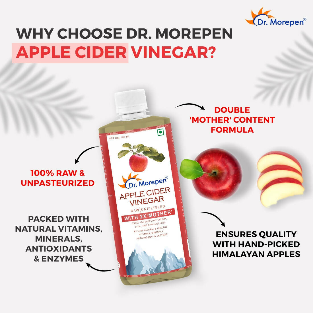 Dr. Morepen Apple Cider Vinegar With 2x Mother for Weight Management, Immunity, Skin & Hair - Distacart