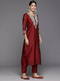 Thumbnail for Varanga Floral Embroidered Regular Chanderi Silk Zari Kurta with Trousers & Dupatta - Distacart