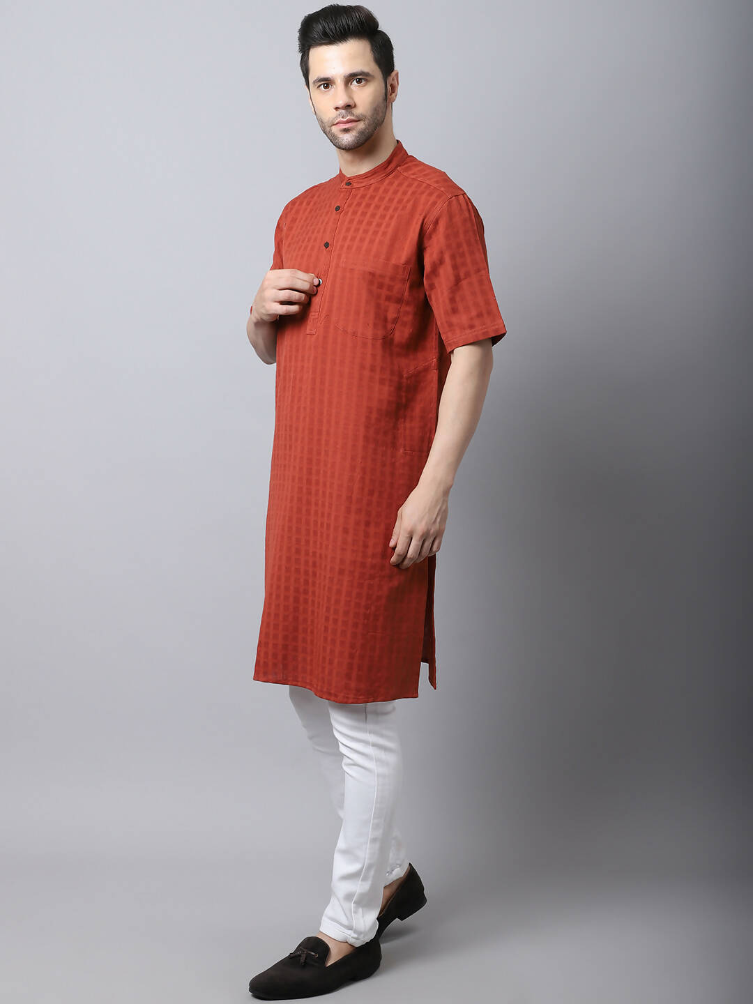 Even Apparels Red Pure Cotton Kurta With Band Collar - Distacart