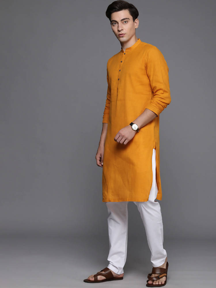 Manyavar Men Mustard Yellow Pure Cotton Solid Kurta - Distacart