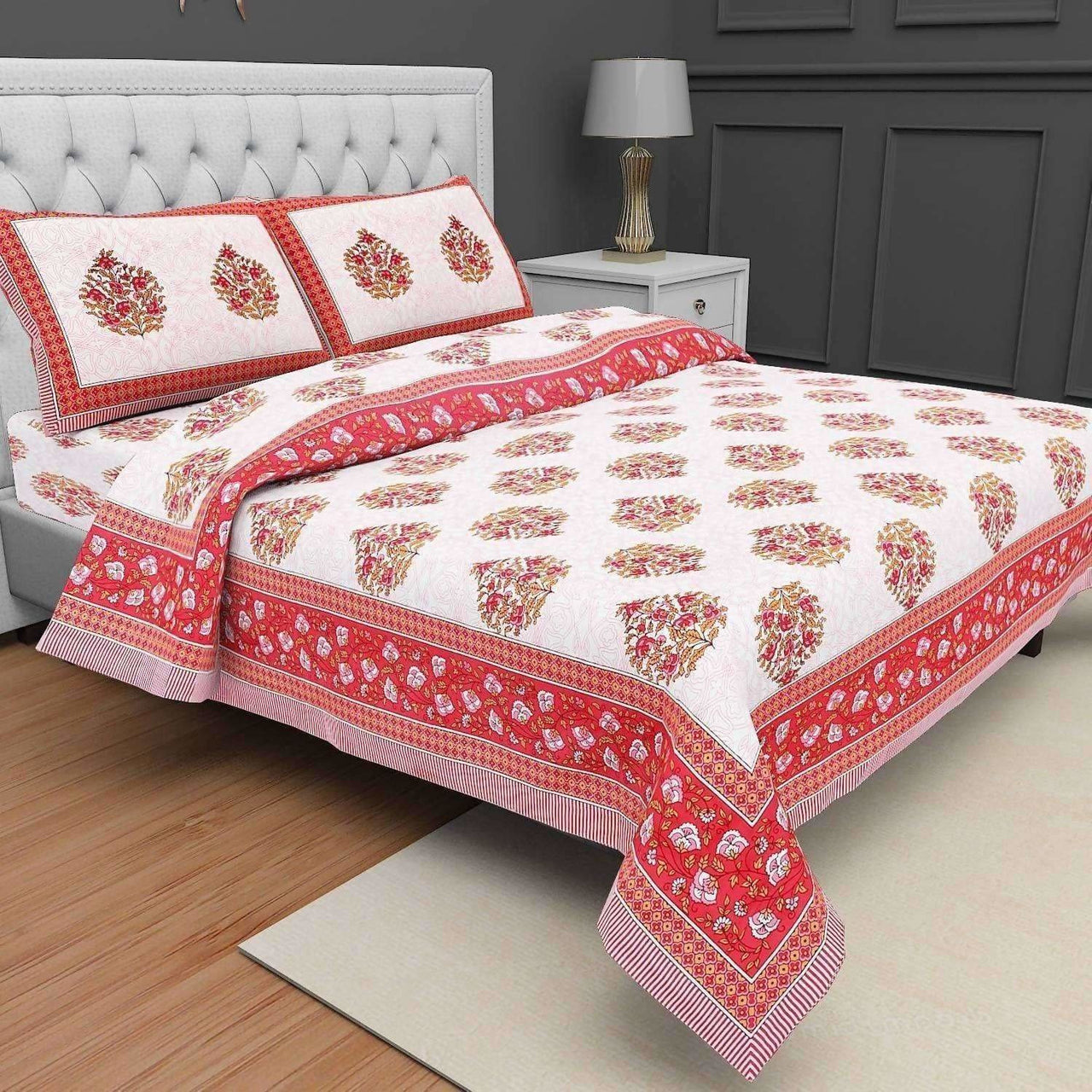 Queen Size 230x270 Cms Jaipuri Hand Block Printed Traditional 144TC Cotton Bedsheet with 2 Pillow Covers - Distacart