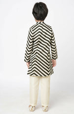 Thumbnail for Lil Drama Chromatic Fusion Boys Black & White Stripe Kurta Pant Set - Distacart