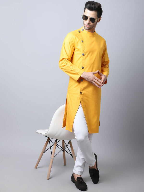 Even Apparels Yellow Pure Cotton Sherwani Kurta With Asymetrical Cut - Distacart