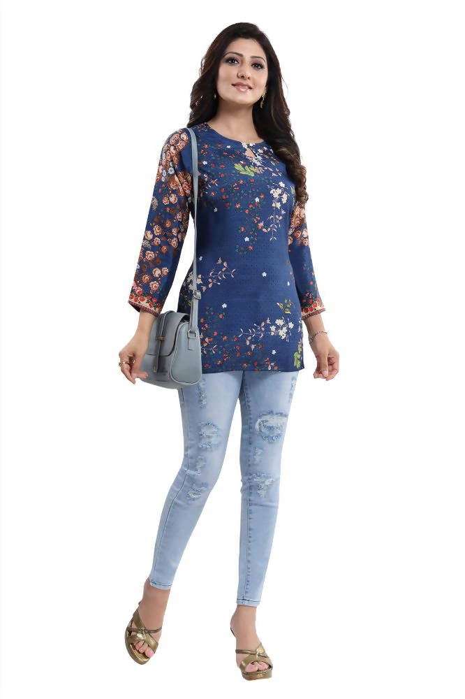 Snehal Creations Blend Well Beautiful Blue Faux Crepe Printed Tunic Top