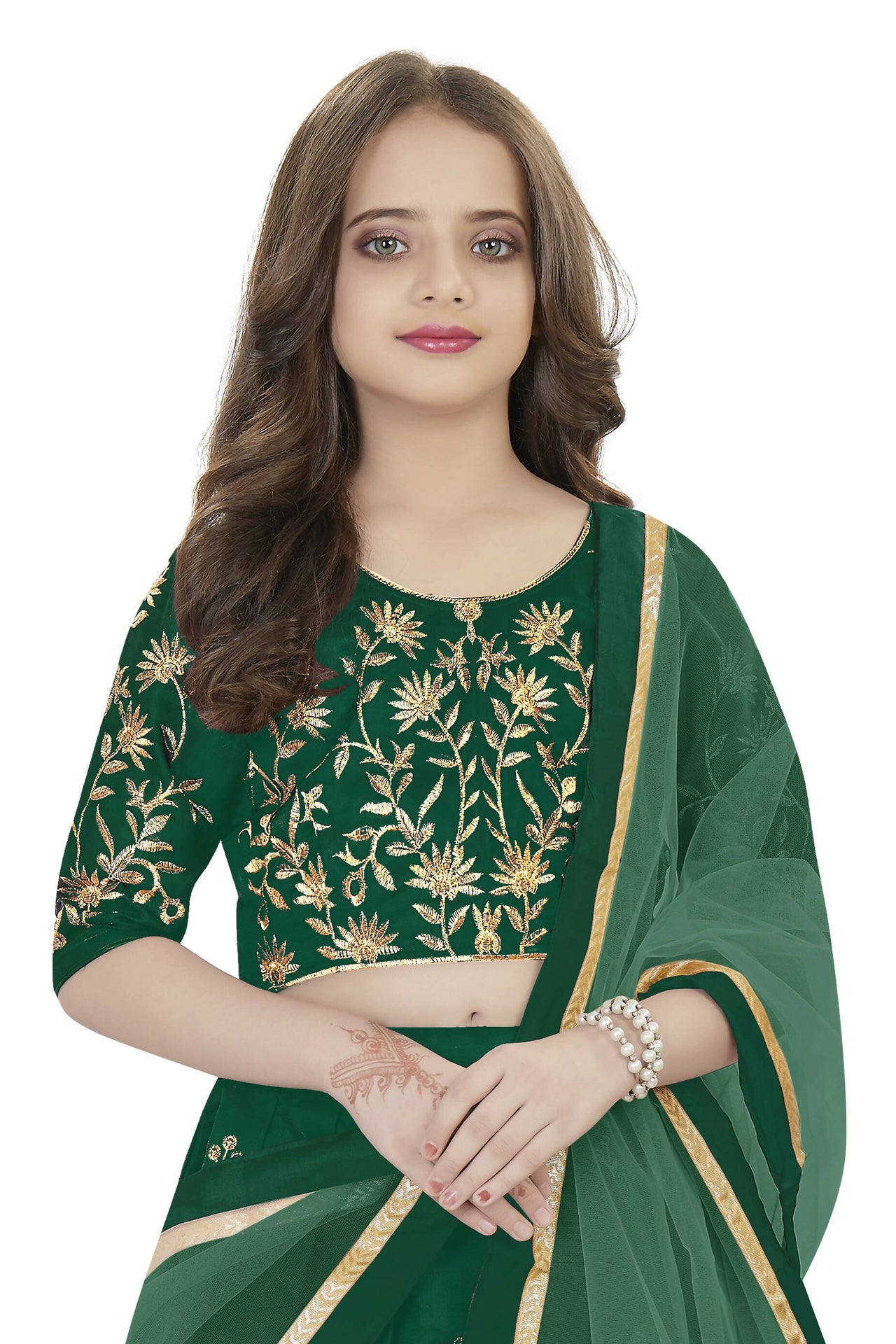 Dwiden Green Rohini Tafetta Sattin Semi-Stitched Girl's Lehenga Choli - Distacart
