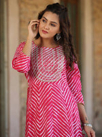 Thumbnail for Juniper Women's Fuschia Printed Embroidered Mirror Work Sequin Cotton Flared Dress - Distacart