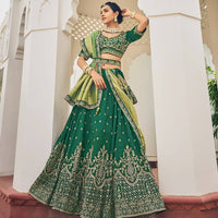 Thumbnail for Green Heavy Viscose Khatli, Embroidery & Mirror Work Unstitched Lehenga Choli - Sisha Keshav - Distacart