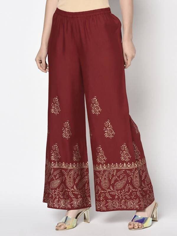 Aniyah Rayon Maroon Color Block Print Flared Slip-On Palazzo (AN-213K)