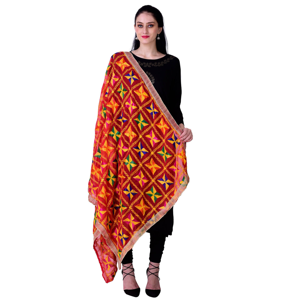 SWI Stylish Women's Embroidered Phulkari Chiffon Red Dupatta