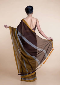 Thumbnail for Suta Brown Yellow Colourblocked Mul Saree - Distacart