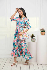 Thumbnail for Myshka Women Multi Floral Polyester A-Line V-Neck Dress - Distacart