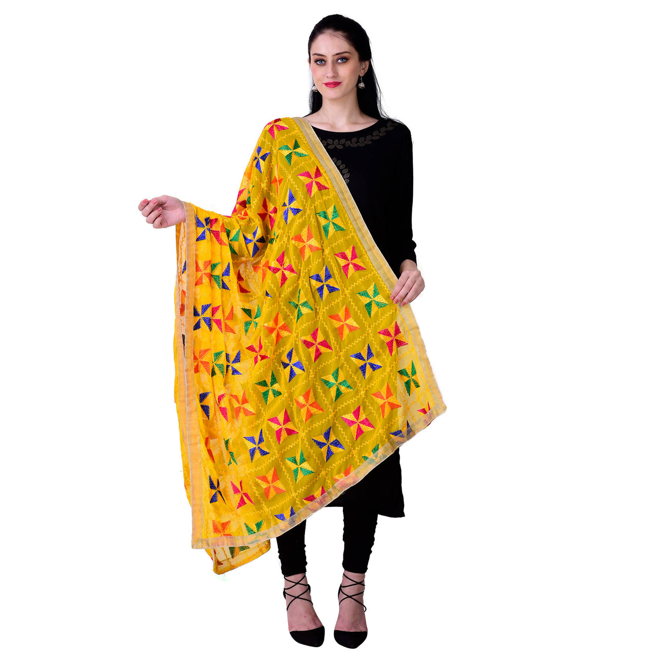 SWI Stylish Women's Embroidered Phulkari Chiffon Yellow Dupatta