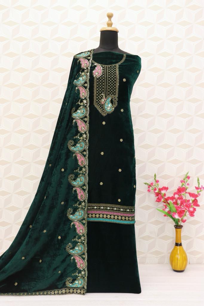 Lorenvalley Fashion Women Green Velvet Embroidered Salwar Suit Material - Distacart