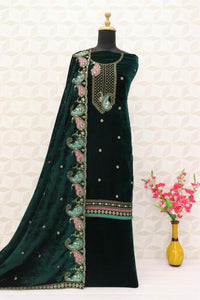 Thumbnail for Lorenvalley Fashion Women Green Velvet Embroidered Salwar Suit Material - Distacart