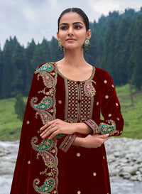 Thumbnail for Lorenvalley Fashion Women Maroon Velvet Embroidered Salwar Suit Material - Distacart
