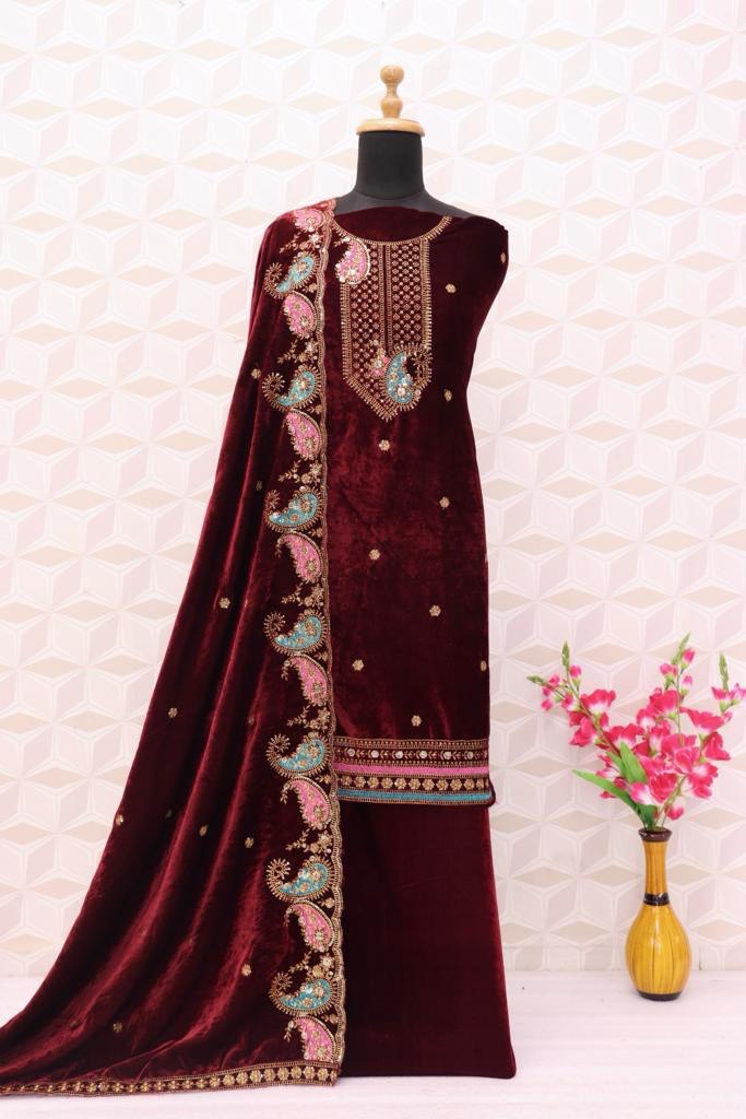 Lorenvalley Fashion Women Maroon Velvet Embroidered Salwar Suit Material - Distacart