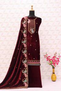Thumbnail for Lorenvalley Fashion Women Maroon Velvet Embroidered Salwar Suit Material - Distacart