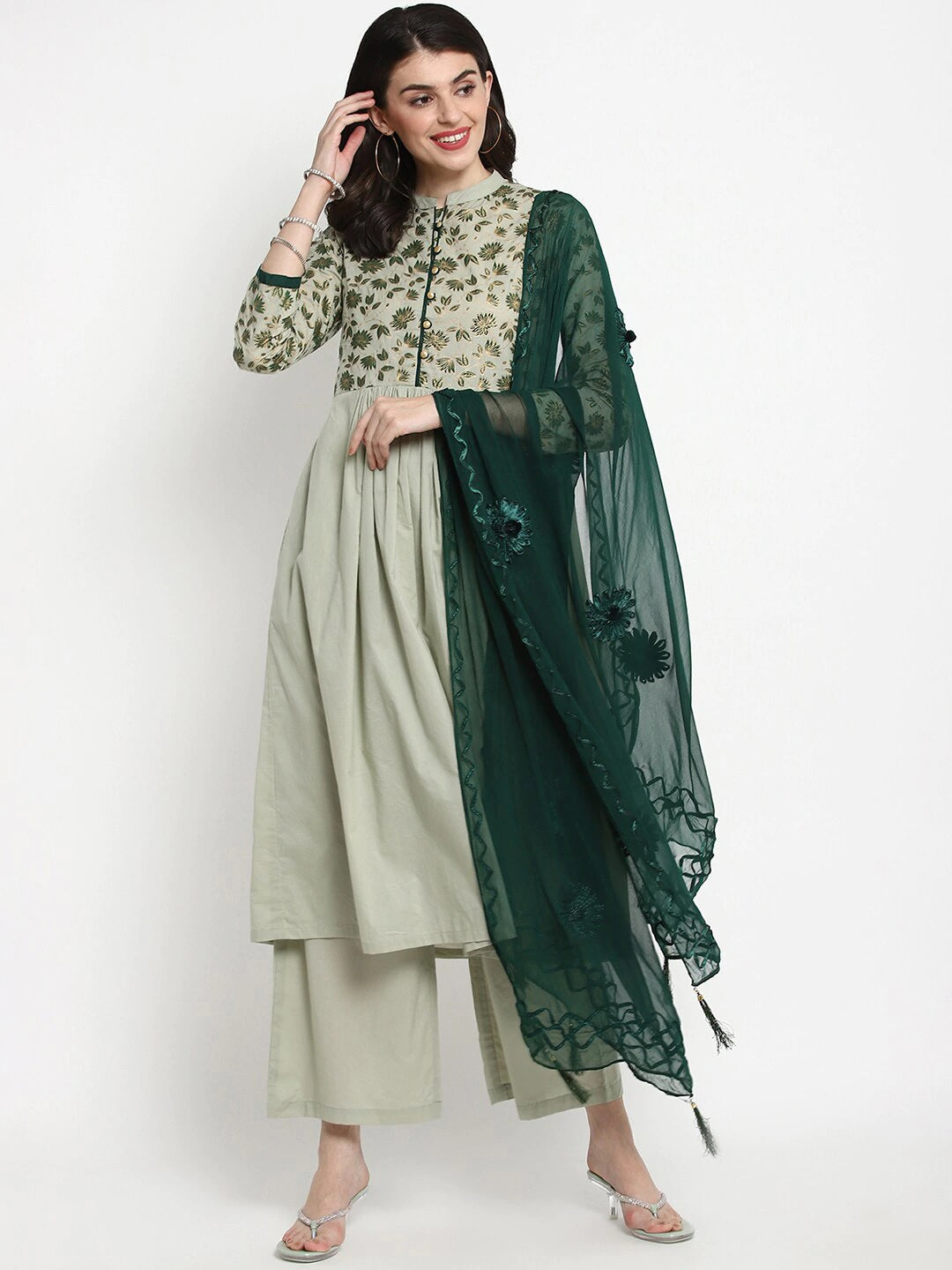 NOZ2TOZ Green Yoke Design Kurta With Palazzos & Dupatta - Distacart