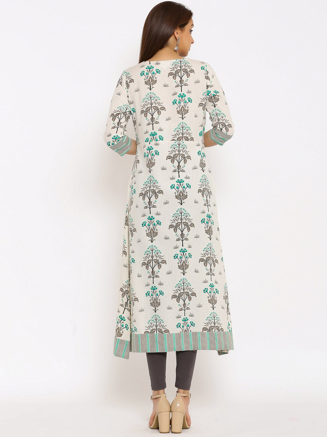 HERE&NOW Off-White & Grey Floral Printed Cotton Flax A-Line Kurta - Distacart