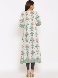 Thumbnail for HERE&NOW Off-White & Grey Floral Printed Cotton Flax A-Line Kurta - Distacart