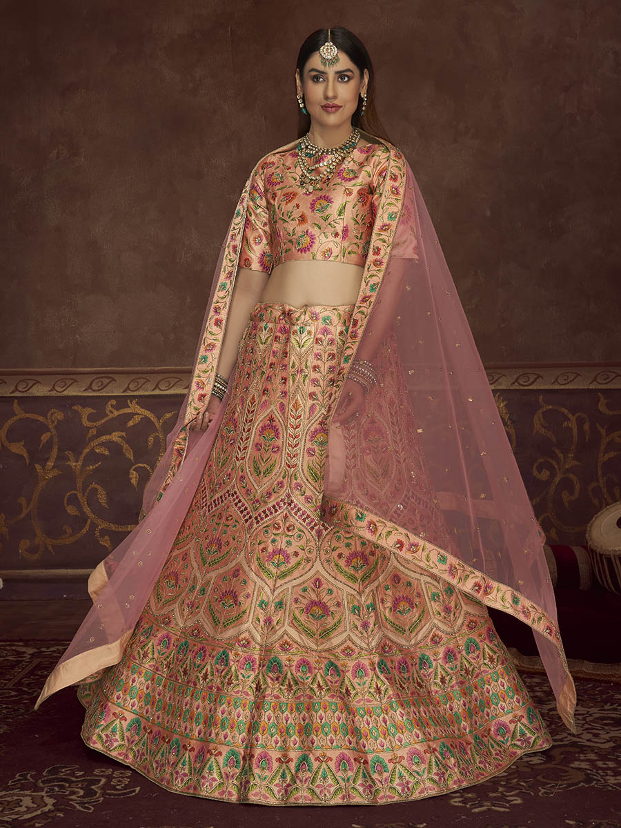 Myra Peach Pink Art Silk Embroidered Designer Lehenga - Distacart