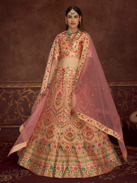 Thumbnail for Myra Peach Pink Art Silk Embroidered Designer Lehenga - Distacart