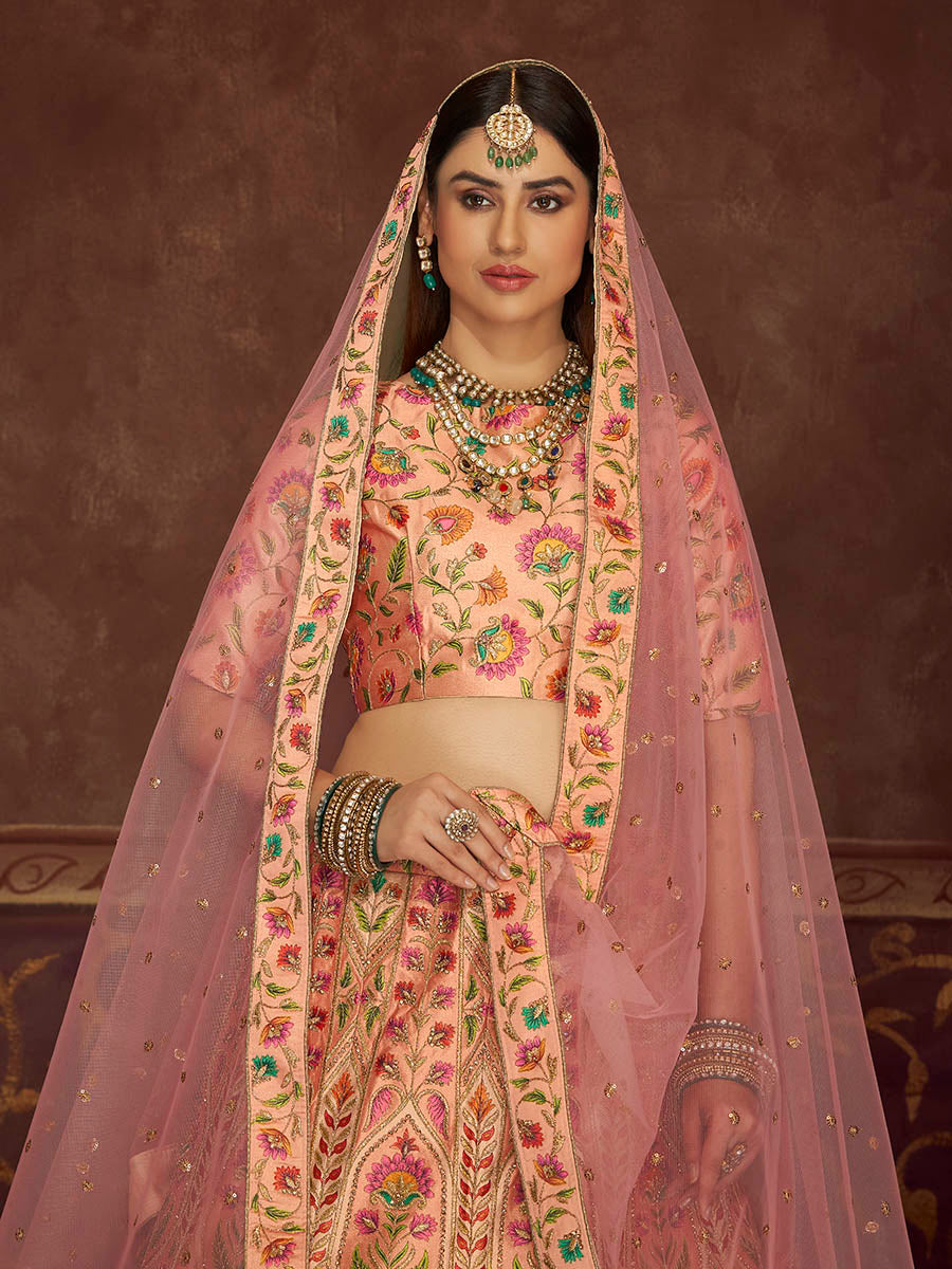 Myra Peach Pink Art Silk Embroidered Designer Lehenga - Distacart