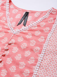 Thumbnail for HERE&NOW Women Pink Floral Printed Pure Cotton Kurta with Palazzos & With Dupatta - Distacart