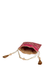 Thumbnail for Masq Pink & Gold-Toned Embroidered Potli Clutch - Distacart