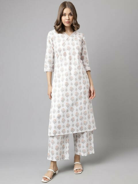 FIORRA Women's White Cotton A-Line Kurta Palazzo Set - Distacart