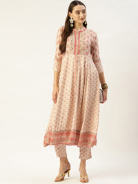 Thumbnail for HERE&NOW Women Cream-Coloured Floral Embroidered Kurta with Trousers - Distacart