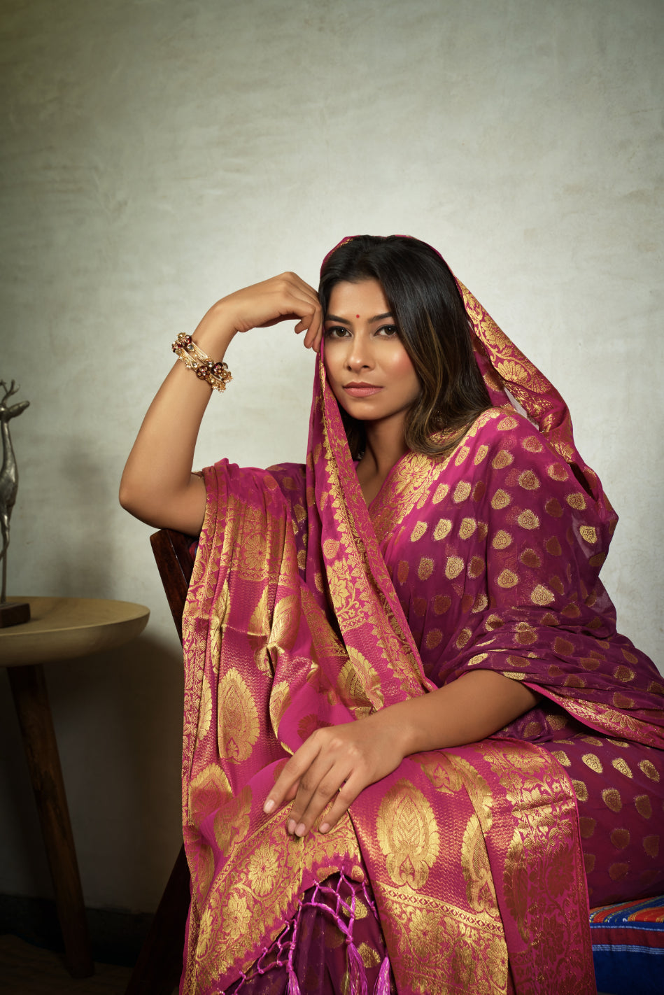 Vardha Magenta Pink Golden Zari Banarasi Chiffon Saree
