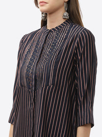 Thumbnail for Biba Women Navy Blue Striped Panelled Kurti with Trousers - Distacart