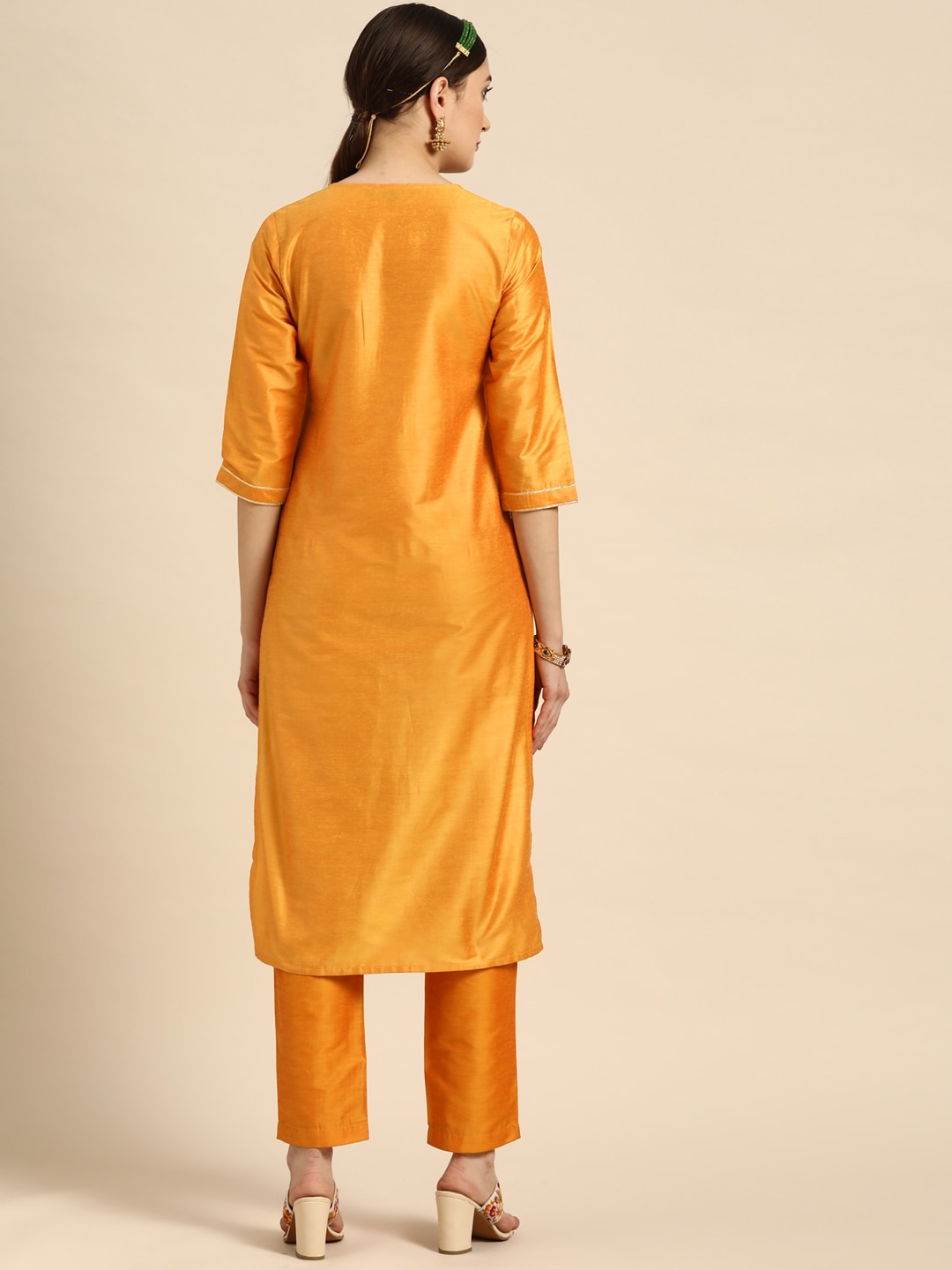 Sangria Women Orange Ethnic Motifs Embroidered Kurta with Trousers - Distacart