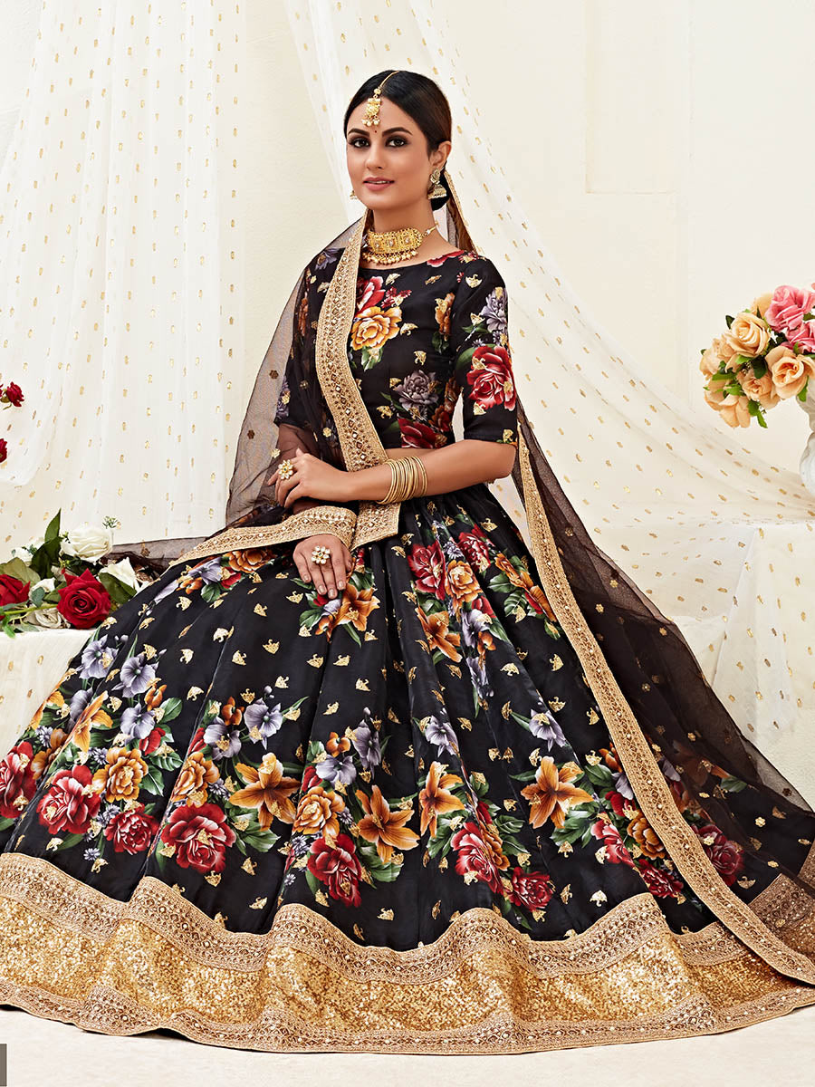 Myra Black Floral Print Embroidered Designer Lehenga - Distacart