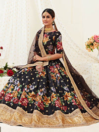 Thumbnail for Myra Black Floral Print Embroidered Designer Lehenga - Distacart