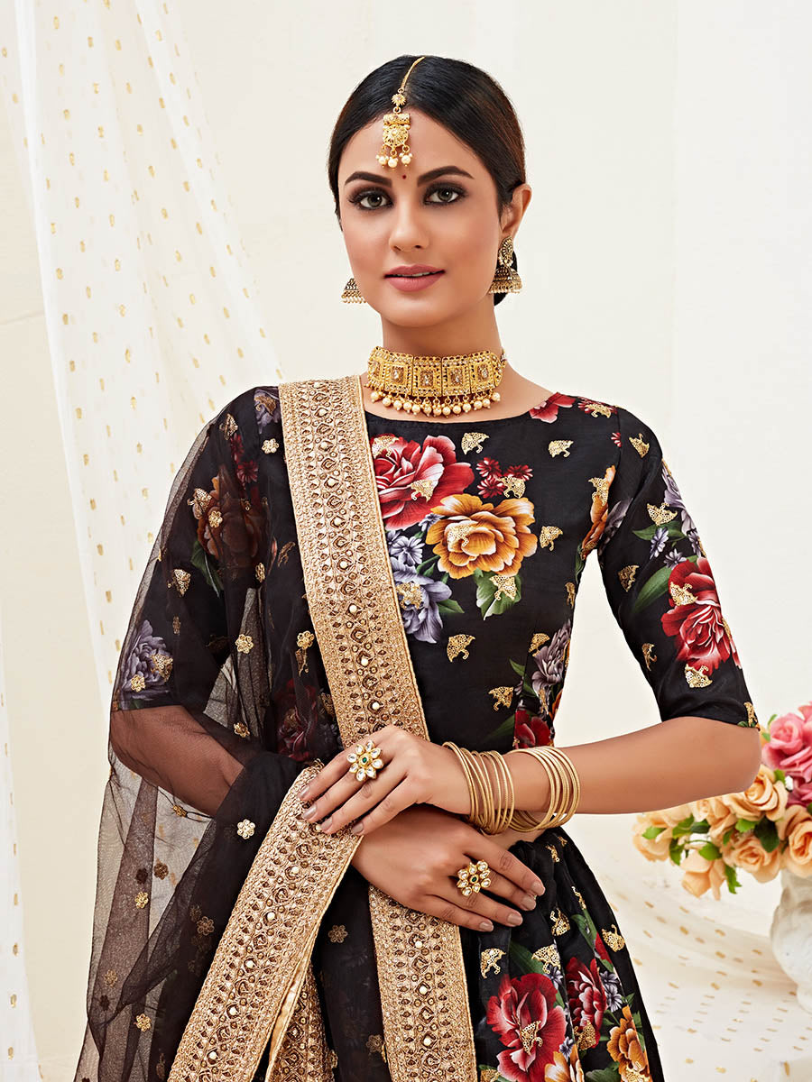 Myra Black Floral Print Embroidered Designer Lehenga - Distacart