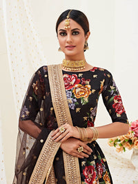Thumbnail for Myra Black Floral Print Embroidered Designer Lehenga - Distacart