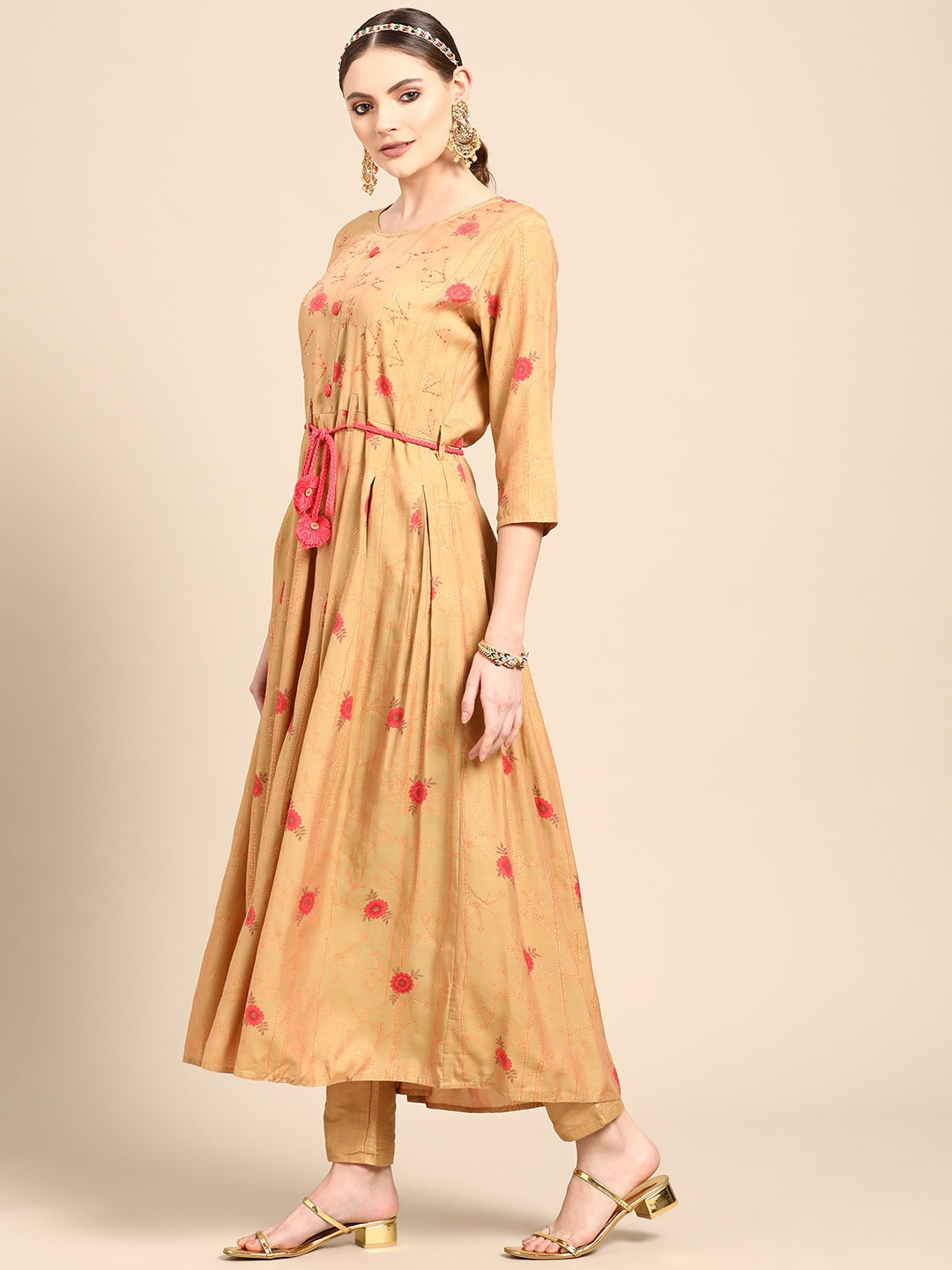 Sangria Women Mustard Yellow & Pink Ethnic Motifs Embroidered Mirror Work Anarkali Kurta - Distacart