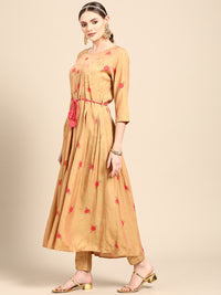 Thumbnail for Sangria Women Mustard Yellow & Pink Ethnic Motifs Embroidered Mirror Work Anarkali Kurta - Distacart