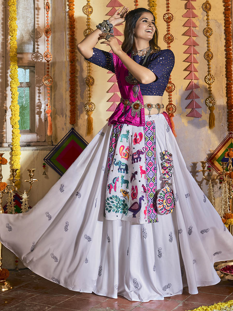 Myra White and Navy blue Maslin Cotton Embroidered Navratri Special Lehenga - Distacart