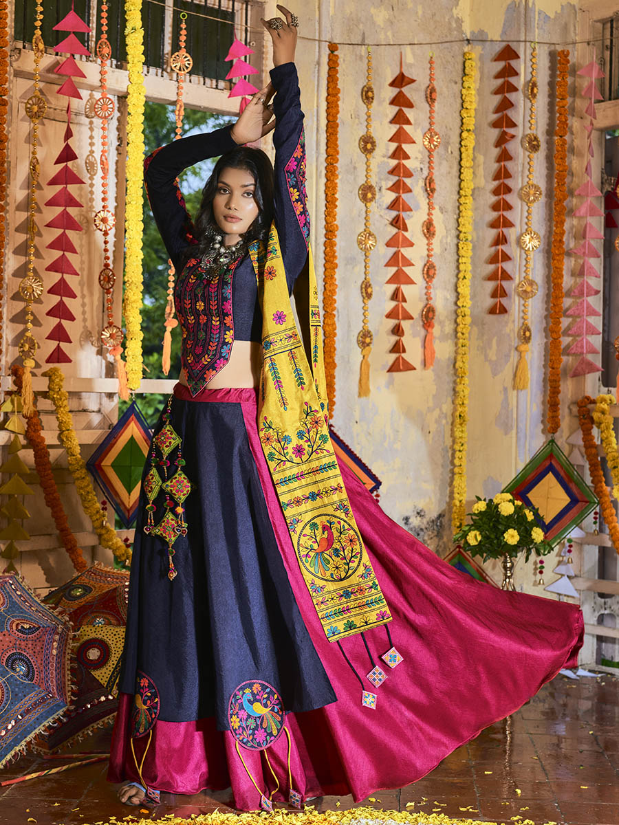 Myra Pink and Navy blue Silk Embroidered Navratri Special Lehenga - Distacart