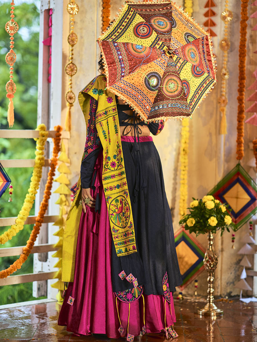 Myra Pink and Navy blue Silk Embroidered Navratri Special Lehenga - Distacart