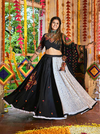 Thumbnail for Myra Black and White Maslin Cotton Embroidered Navratri Special Lehenga - Distacart