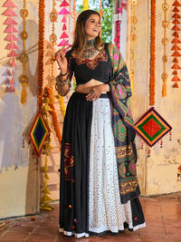 Thumbnail for Myra Black and White Maslin Cotton Embroidered Navratri Special Lehenga - Distacart