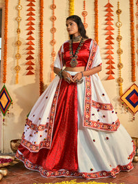Thumbnail for Myra White and Red Maslin Cotton Embroidered Navratri Special Lehenga - Distacart