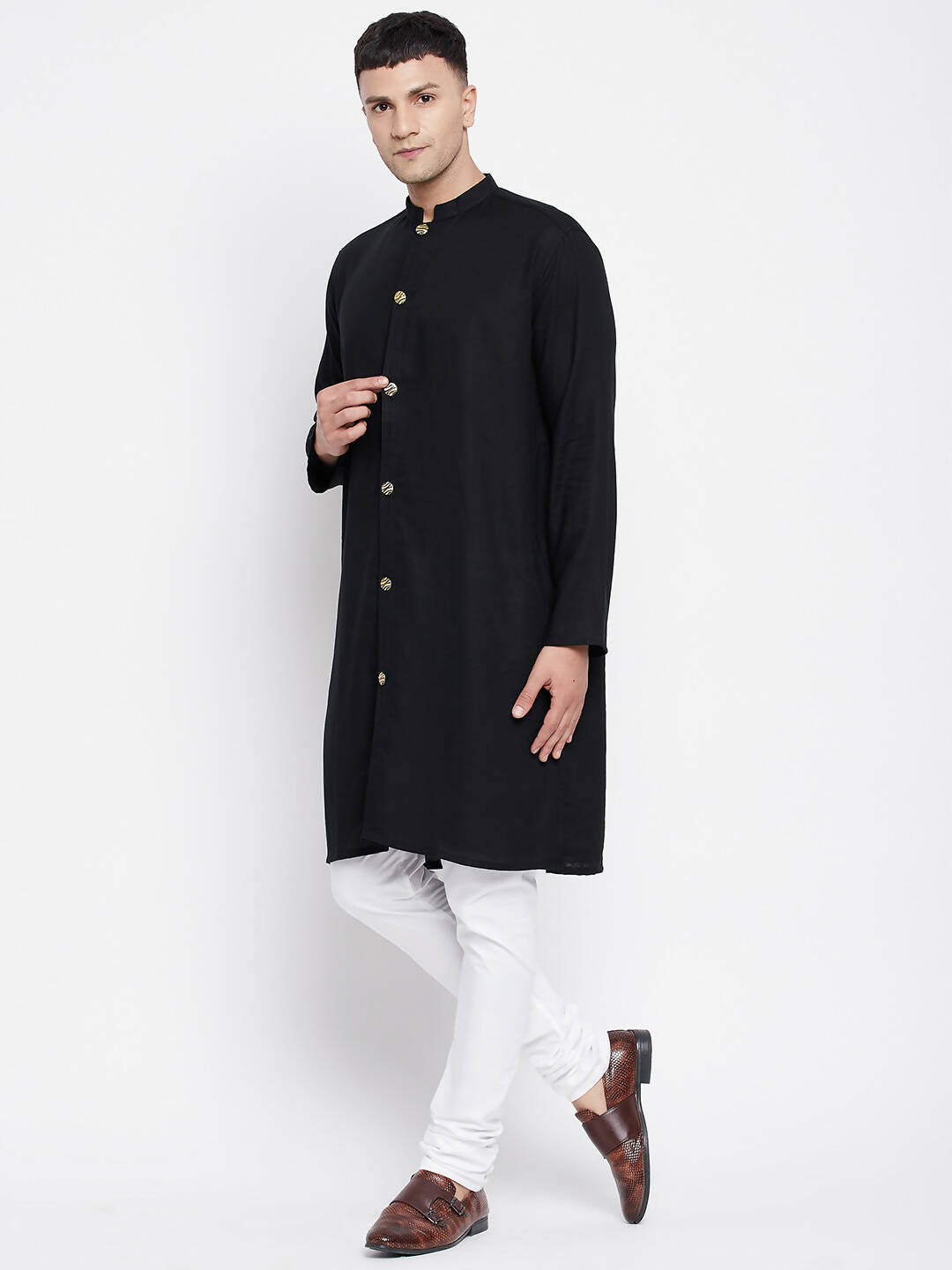 Even Apparels Black Pure Cotton Men's Sherwani Kurta With Open Front - Distacart