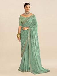 Thumbnail for Mitera Sea Green & White Embroidered Pure Georgette Bandhani Saree - Distacart