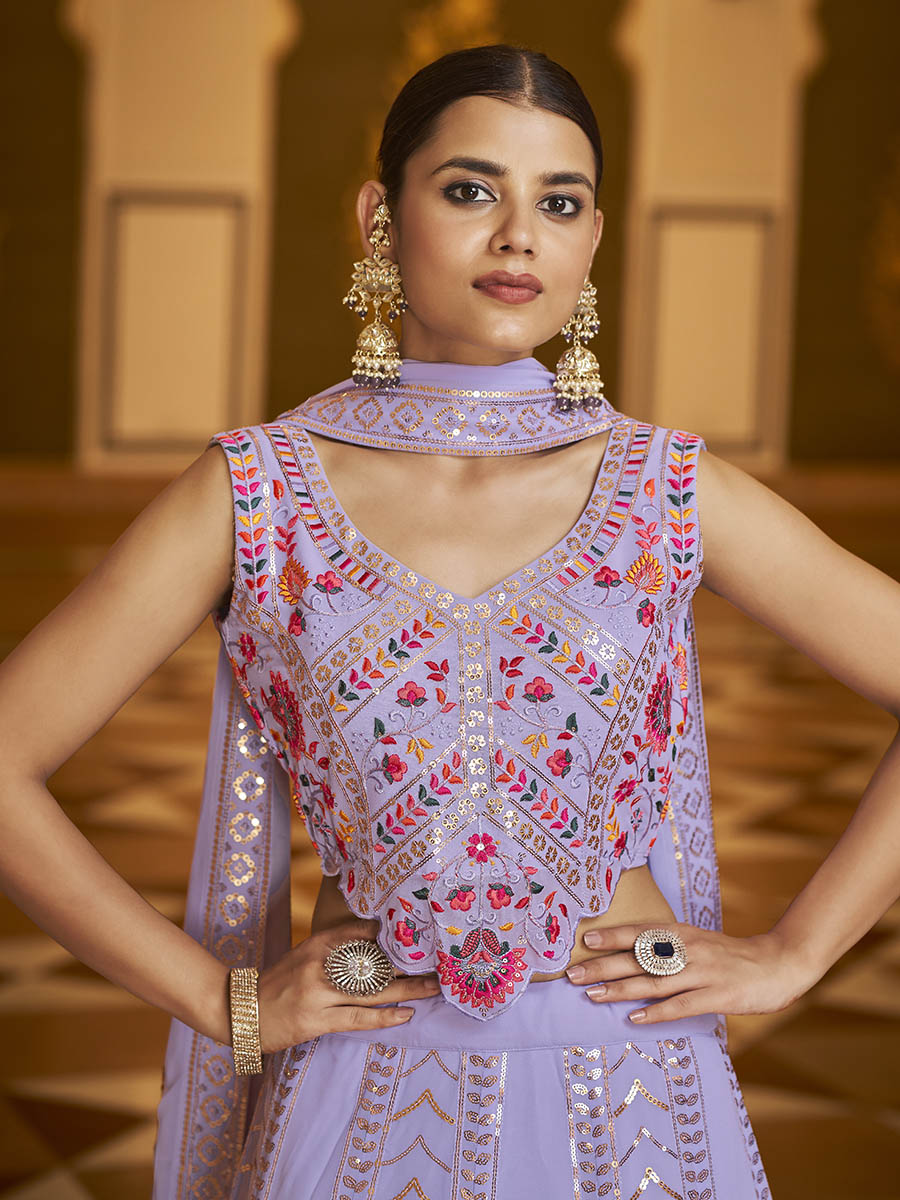 Myra Lavender Gorgette Embroidered Designer Lehenga Choli - Distacart