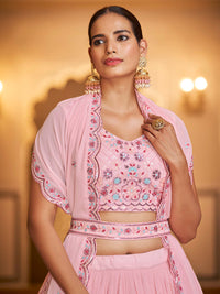Thumbnail for Myra Pink Gorgette Embroidered Designer Lehenga Choli - Distacart